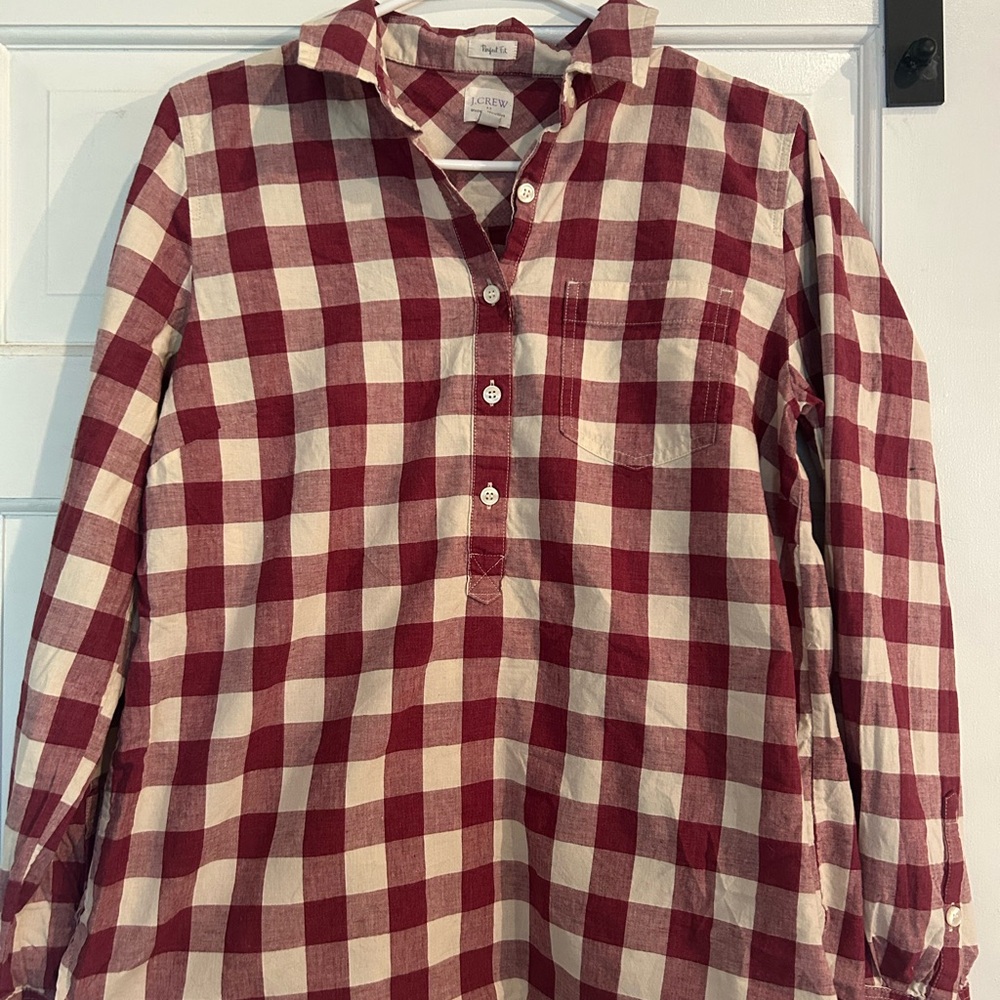 J. Crew  Red and Cream Plaid 3/4 Button-Neck Shirt